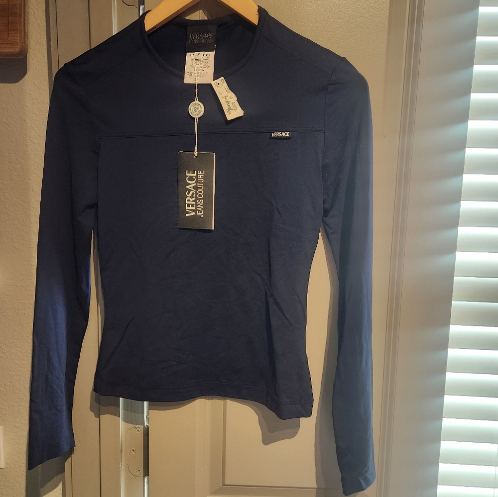 Y2K Vintage VERSACE Size XS SMALL S NAVY BLUE New RARE TOP blouse shirt tee